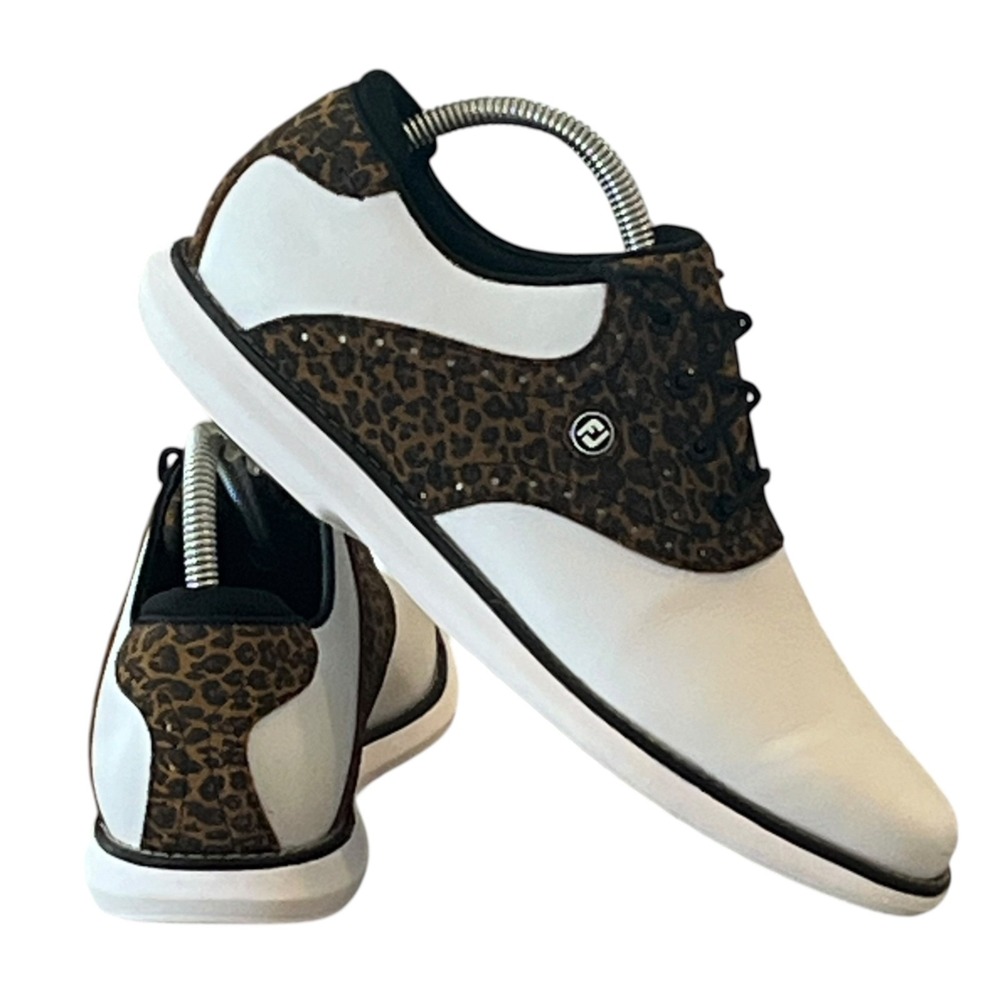 Footjoy FJ Traditions Saddle Golf Shoes Womens 8.5 White Leopard 97923